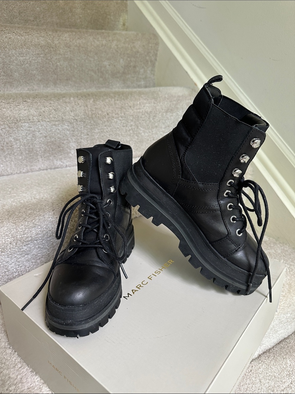 Marc Fisher Black Lace-Up Lug Sole Combat Boots